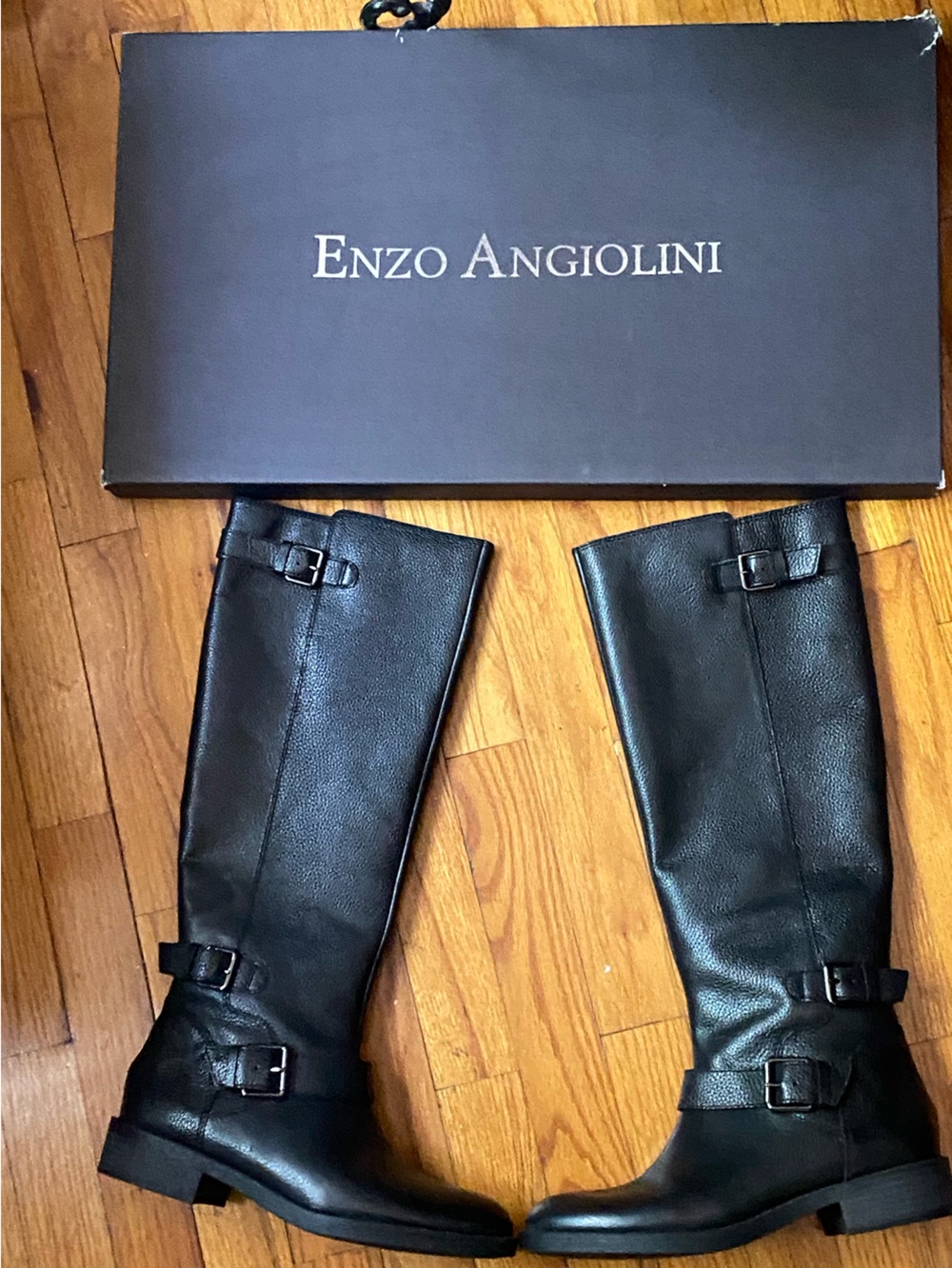 Enzo Angiolini Black Leather Knee-High Buckle Boots